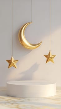 A minimalist display featuring a golden moon and stars on a pedestal.