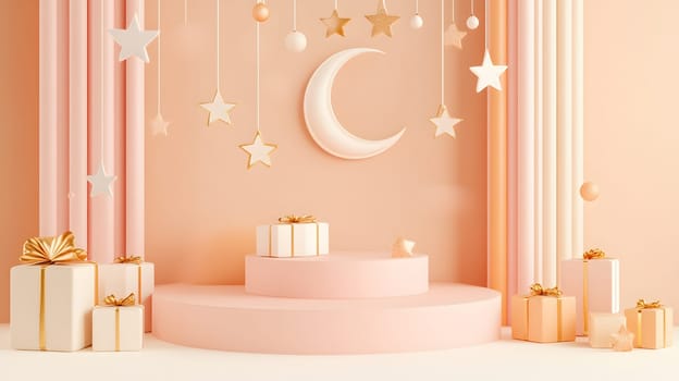 A pastel-themed stage with gifts and decorative elements.