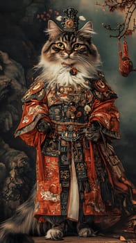 A regal cat dressed in ornate traditional attire, exuding majesty.