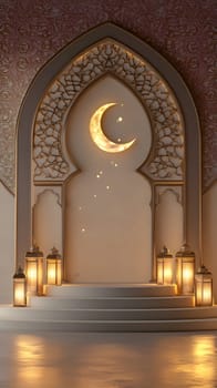 A serene architectural space featuring a crescent moon and lanterns.