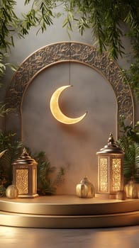 A serene decorative setup with a crescent moon and lanterns.