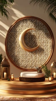 A serene decorative space featuring a crescent moon and lanterns.