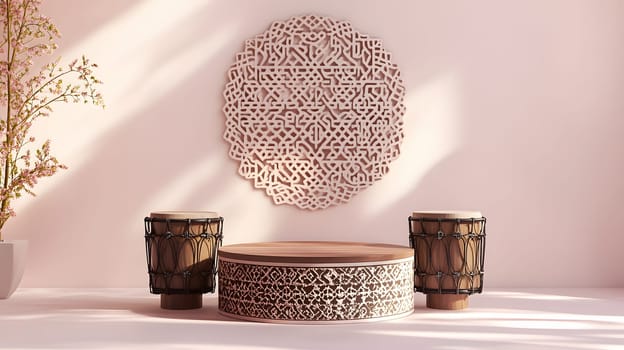 A serene display featuring decorative elements and musical instruments.