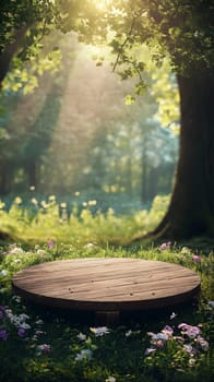 A serene forest scene with a wooden platform surrounded by flowers.