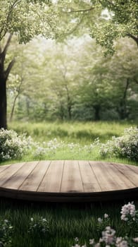 A serene forest scene with a wooden platform surrounded by greenery.
