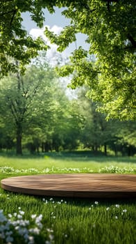 A serene outdoor scene featuring lush greenery and a wooden platform.