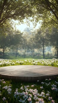 A serene wooden platform surrounded by lush greenery and flowers.