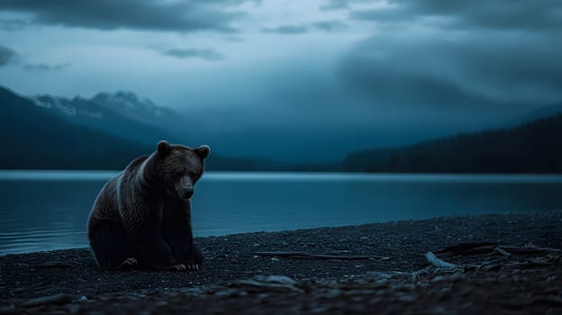 A solitary bear by a tranquil lake under a moody sky.