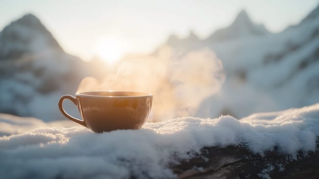 A steaming cup of coffee sits on snow, with mountains in the background.