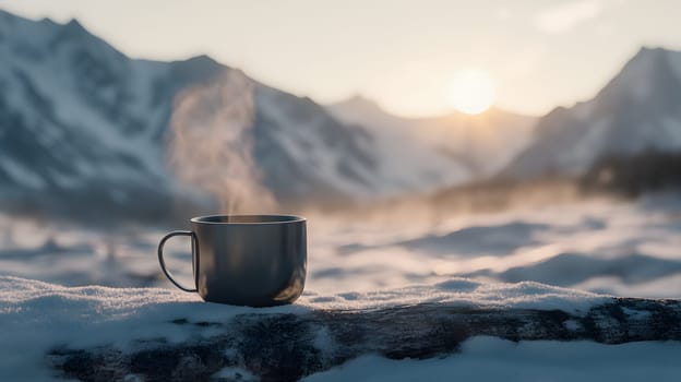 A steaming cup on a snowy landscape with mountains and sunrise.
