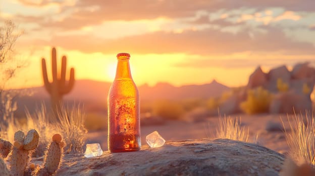 A sunlit bottle on a rock with ice, surrounded by desert scenery.