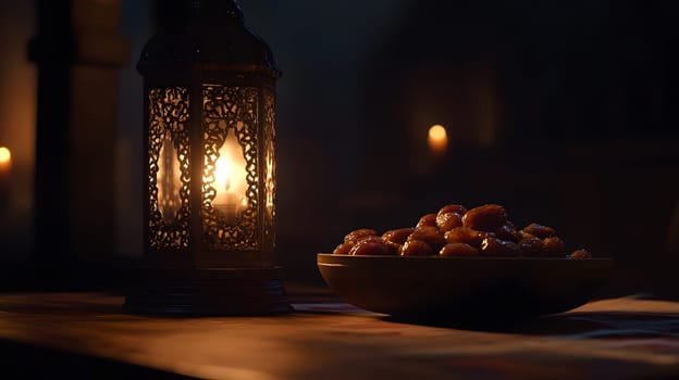 A warm lantern beside a bowl of dates in a dimly lit setting.