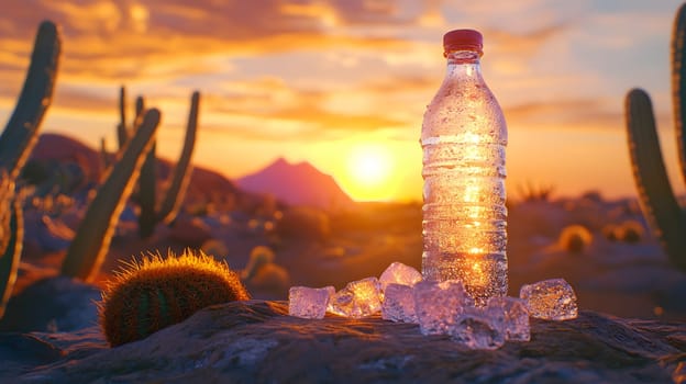 A water bottle surrounded by ice and cacti at sunset.