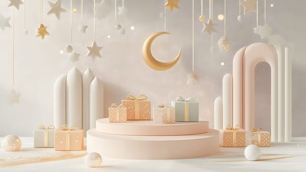 A whimsical celebration scene with gifts, stars, and a crescent moon.
