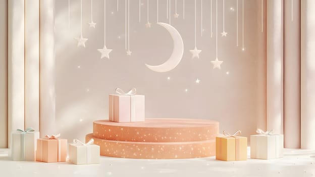 A whimsical display with gifts, stars, and a crescent moon backdrop.
