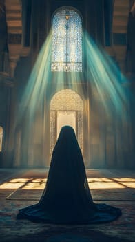 A woman in a veil prays in a sunlit, ornate interior space.