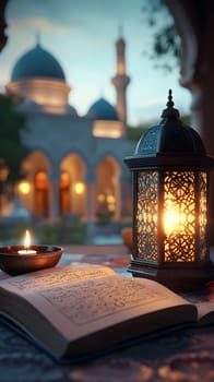 An illuminated lantern beside an open book in a serene courtyard.