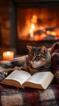 Cozy cat lounging by a fireplace with an open book.