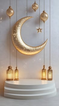 Elegant crescent moon and lanterns create a serene, festive display.