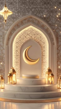 Elegant decorative arch with crescent moon and lanterns.
