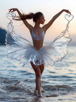 Ballerina elegance: water wave gown, graceful pose, ocean shore backdrop, fluid motion, serene beauty, dance expression, natural harmony, delicate movement, shoreline grace, mesmerizing performance