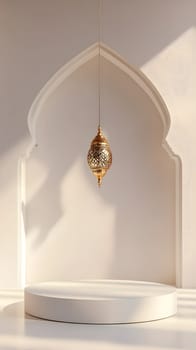 Elegant hanging ornament in an architectural alcove with soft lighting.