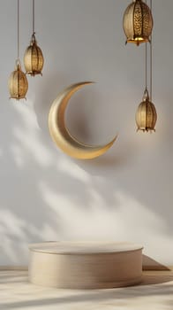 Elegant interior with crescent moon and hanging lanterns for ambiance.