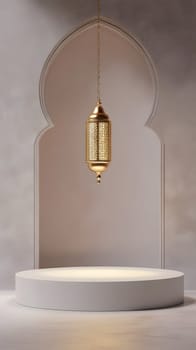 Elegant lantern suspended in an archway over a circular platform.