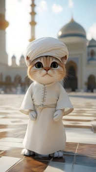 A cartoon cat dressed in traditional attire poses in a scenic setting.