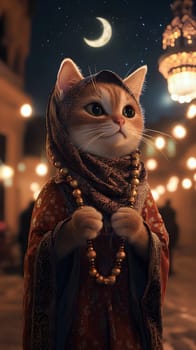 A cat dressed in traditional attire holds prayer beads under a moonlit sky.