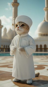 A cat dressed in traditional attire stands in a grand architectural setting.