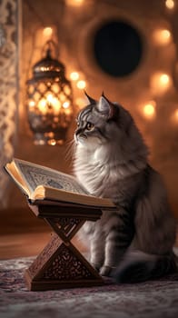 A cat gazing at a book on a decorative stand with soft lighting.