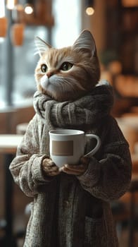 A cat in a cozy coat holding a mug in a warm caf? setting.