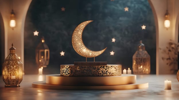 A decorative crescent moon display surrounded by lanterns and candles.