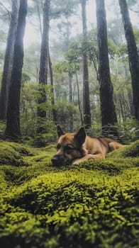 A dog resting on moss in a serene forest setting.