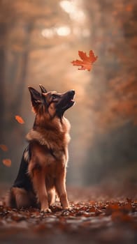 A German Shepherd in a serene autumn forest with falling leaves.
