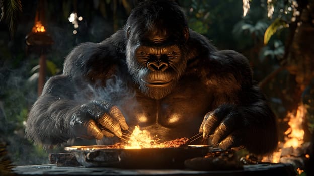 A gorilla cooking over a fire in a lush, tropical setting.