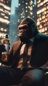 A gorilla in a suit holding a bottle in a city setting.