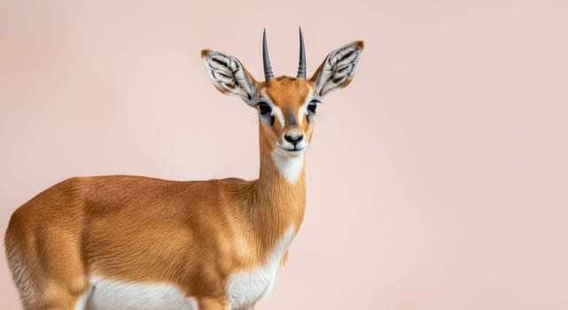 Portrait of a graceful gazelle with striking horns posed against a soft peach background. the detailed features and warm colors highlight the elegance and serenity of this beautiful animal, making it ideal for wildlife and nature themes.