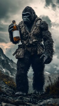 A gorilla in military attire holding a bottle in a scenic landscape.