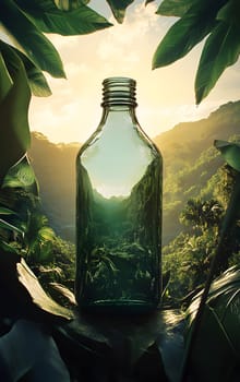 A green bottle framed by lush foliage and mountainous scenery.