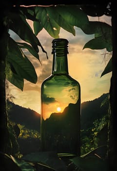 A green bottle reflects a sunset amidst lush mountains and foliage.