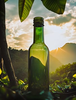 A green bottle silhouetted against a sunset in a natural setting.
