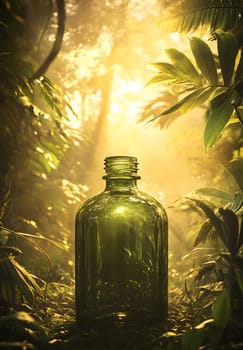 A green glass bottle surrounded by lush foliage in a forest.