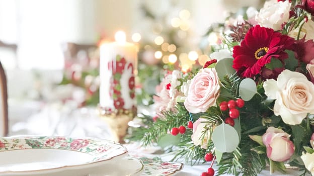 Christmas, holiday decor and country cottage style, cosy atmosphere, decorated Christmas tree in the English countryside house living room with fireplace, interior decoration idea