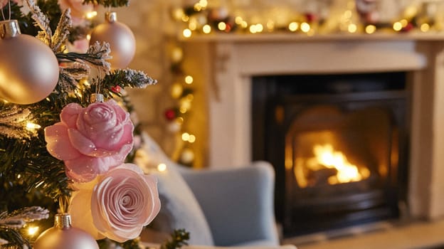 Christmas, holiday decor and country cottage style, cosy atmosphere, decorated Christmas tree in the English countryside house living room with fireplace, interior decoration idea