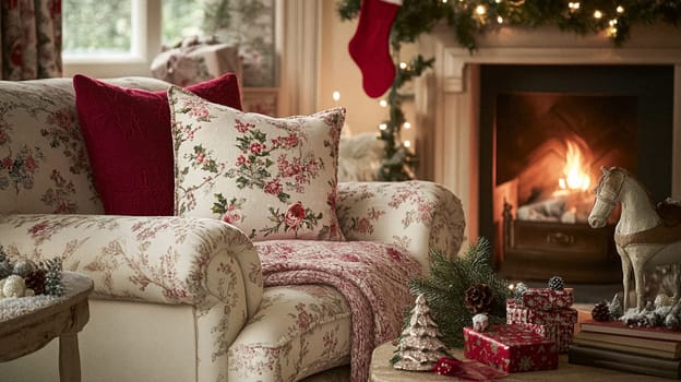 Christmas, holiday decor and country cottage style, cosy atmosphere, decorated Christmas tree in the English countryside house living room with fireplace, interior decoration idea