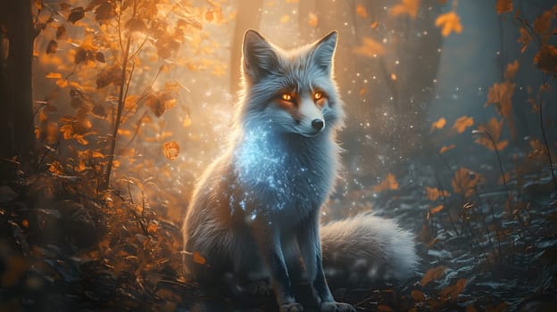 A mystical fox with glowing eyes in an enchanted forest setting.