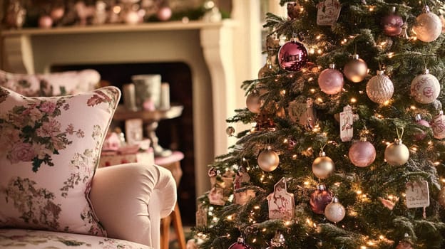 Christmas, holiday decor and country cottage style, cosy atmosphere, decorated Christmas tree in the English countryside house living room with fireplace, interior decoration idea