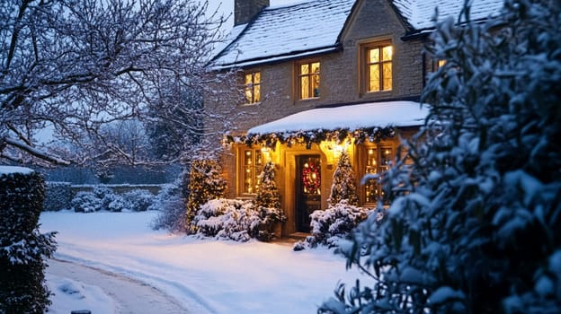 Christmas in the countryside, cottage decorated for holidays on a snowy winter evening with snow and holiday lights, English country styling inspiration